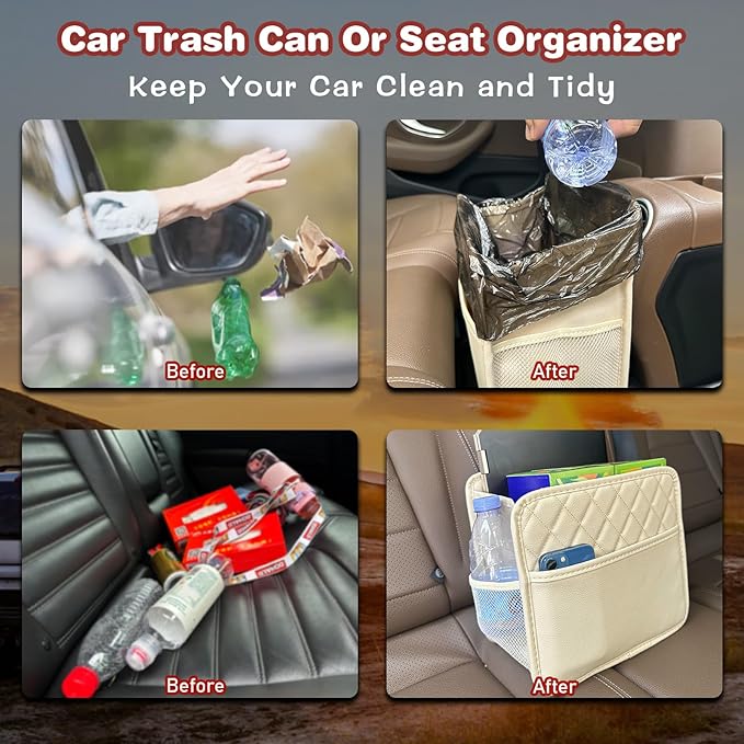 Upgrade Car Seat Organizer Backseat with Storage Pockets, Multipurpose Car Organizer Hanging, Car Trash Bag Can,Premium PU Leather Garbage Can 2.14 Gallon Large Capacity Accessories Beige