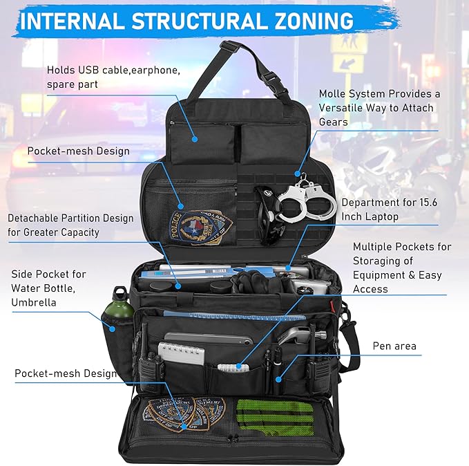 Patrol Bag Law Enforcement, Police Gear Bag Car Front Seat Organizer for Police with Laptop Layer and Cup Holders, MOLLE System, Fits Vehicle Passenger Seat Black