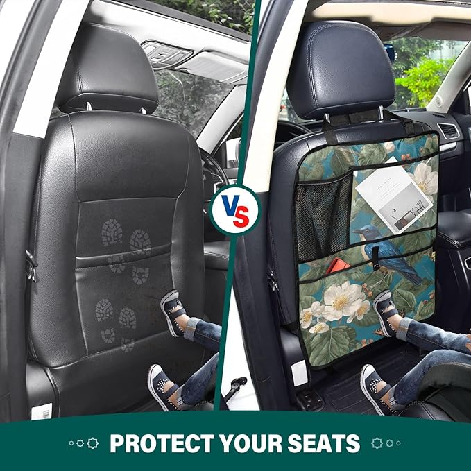 1 Pack Back Seat Car Organizer with Storage Pockets Kick Mats Back Seat Protector Hanging Car Organizer Automotive Seat Back Cover Organizers Vintage Blue Bird Flowers Butterflies