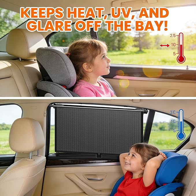 2 Pack Retractable Car Shades for Side Windows - Window Sun Shade for Car with Strong Suction Cups | Roller Shades UV Heat Block Sun Shade for Cars House Office Window (M:17.1"x19.6")