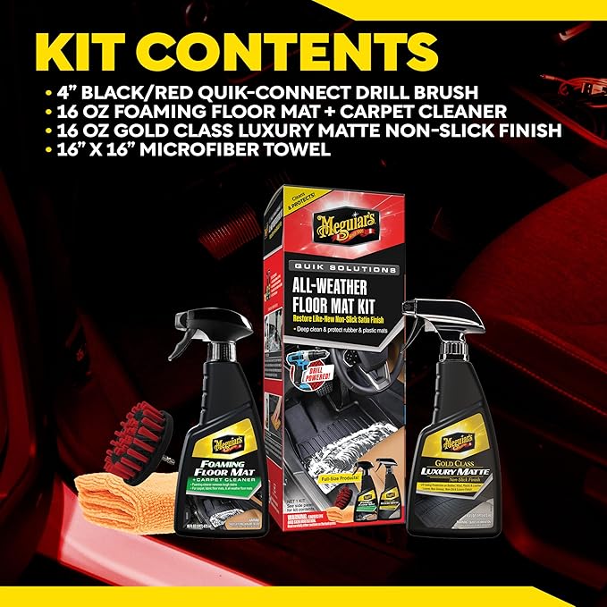 Meguiar’s Quik Solutions All-Weather Floor Mat Kit,All Weather Floor Mat Cleaner and Car Mat Protectant that Deep Cleans & Restores a Like-New Non-Slick Finish,Includes Drill Attachment, Kit