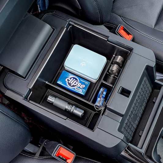 TOPINSTALL Black Center Console Organizer Tray Compatible with 2020-2025 2026 Ford Explorer Accessories, Deep Armrest Storage Box with Coin Holder & Non-Slip Mats, 6th Gen Explorer Accessories