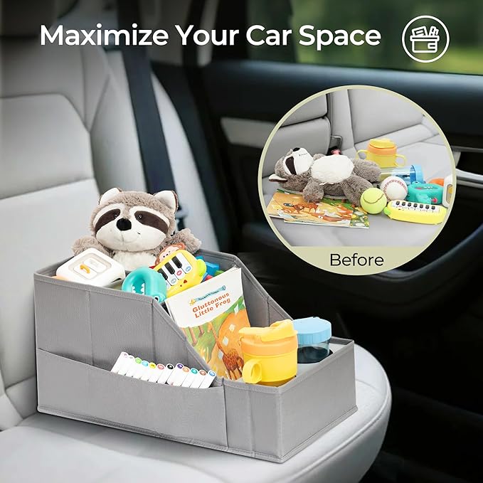 Easi Car Seat Organizer Backseat Front Seat Gap Filler with 12 Storage Compartments 2 Metal Cup Holders Kids Snack Travel Passenger Seat Organizer Collapsible Storage Box for SUV Truck Van Car, GR, 2