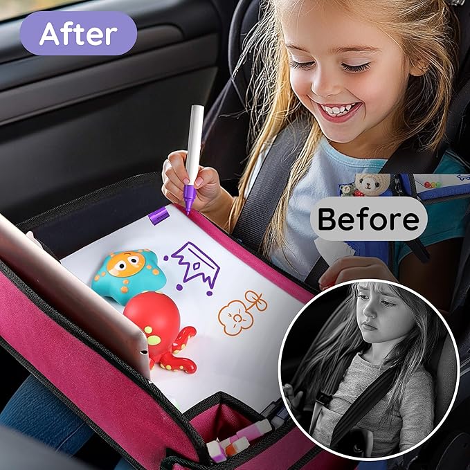 3Pcs ‎Kids Travel Tray, Kids Travel Trays for Car Seat, Road Trip Essentials for Toddler, Carseat Lap Tray with Dry Erase Board & Storage Organizer for Road Trip Activities for Kid, 2Black+1Pink