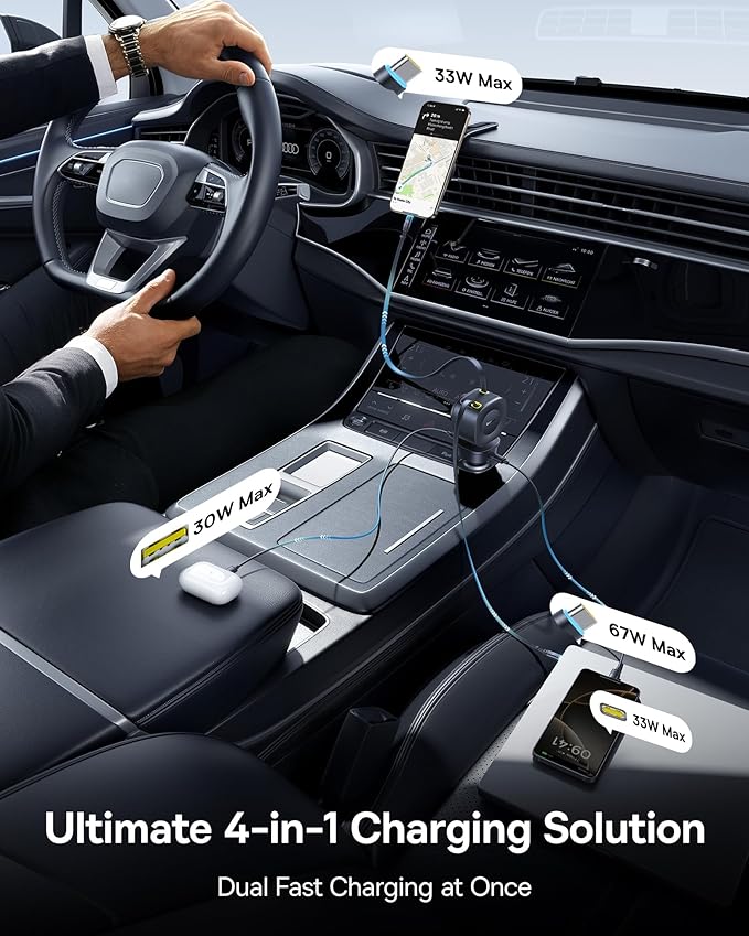 Baseus 163W Retractable Car Charger USB C Fast Charging, PrimeTrip VR2 Max 4 in 1 Fast Car Charger with Dual Retractable USB C Cable for iPhone 17 16 15 Pro Max, Samsung Galaxy S25 Ultra, Android