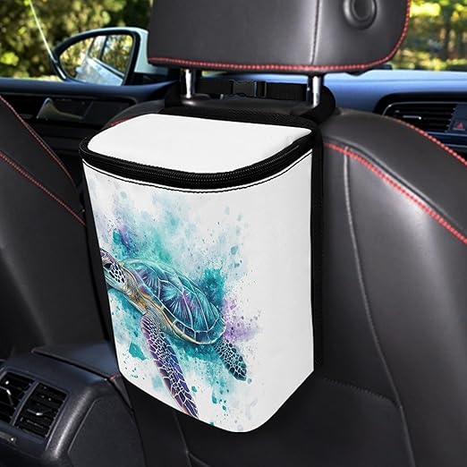 Watercolor Sea Turtle Car Trash Can with Lid Garbage Bag Dustbin Container Waste Basket Storage Pocket Hanging Large Capacity Vehicle Trash Bin
