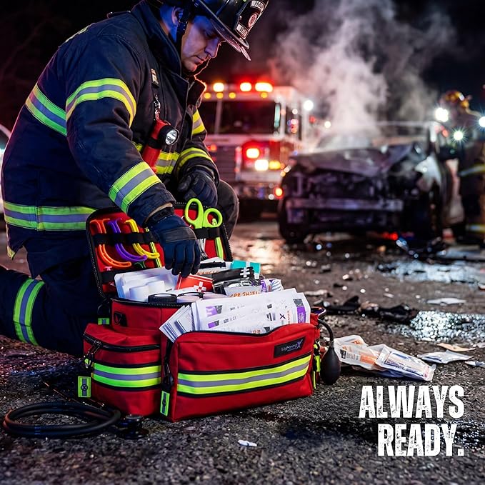 Lightning X Mid-Sized First Responder EMT Bag | LXMB25 | Fully Stocked w/ 240+ First Aid, EMS & Trauma Supplies - RED