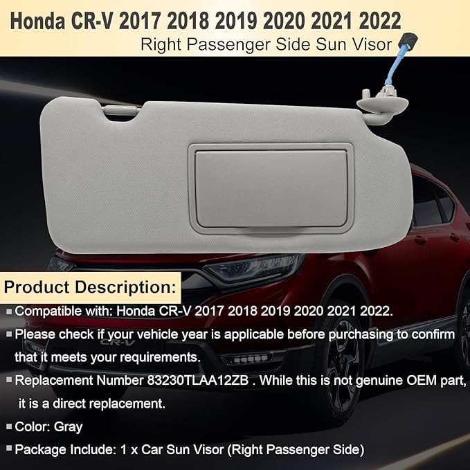 NHILES Passenger Right Side Sun Visor Compatible with Honda CRV 2017 2018 2019 2020 2021 2022 Sunshade Number 83230TLAA12ZB Color: Gray
