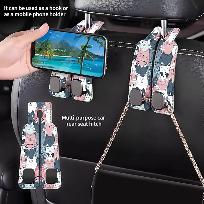 Car Seat Back Storage Headrest Hook, Premium Leather Double Metal Hook, Hanger Storage Organizer for Purse Cloth Bag, Car Interior Accessories Cute Funny Cats
