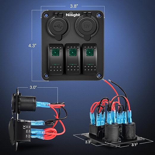 Nilight 3 Gang Rocker Switch Panel with USB Charger and Cigar Lighter 12V 24V Toggle ON Off Green Night Glow Stickers for Cars Rvs Trucks