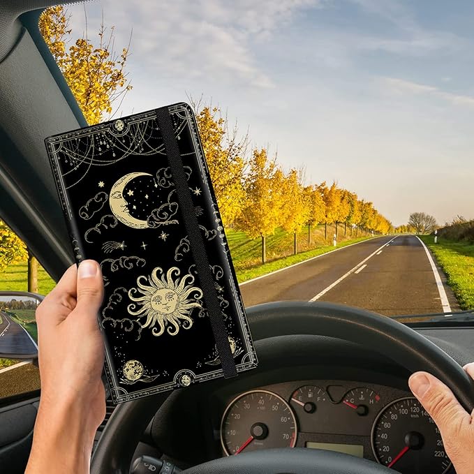 Car Registration and Insurance Card Holder, Vehicle License Documents Glove Box Compartment Organizer Wallet, ID Card Holder for Car Essentials Automobile, Sun Moon Clouds Witchy
