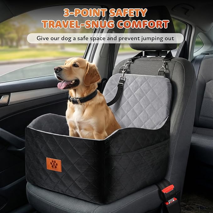 Dog Car Seat for Small Medium Dogs, Dog Booster Seat with Thick Comfort Foam for Pets Up to 35 lbs, Washable & Detachable Pet Cars Seat with Safety Tether, Storage Pockets, Universal Car Seatbelt Clip