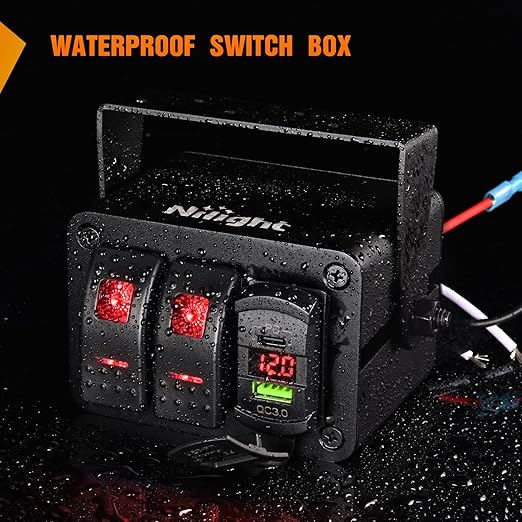 Nilight 2 Gang Rocker Switch Box 12V SPST ON Off Toggle Switches PD Type C and QC 3.0 USB Charger Voltmeter LED Light Waterproof Aluminum Mount Bracket Panel DIY Stickers for Boat Car RV Truck
