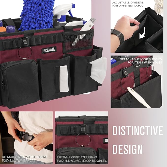 Wearable Cleaning Caddy Bag, Cleaning Caddy Supplies Organizer with Handle & Shoulder Straps for Housekeepers, Under Sink & Car Cleaning Tool Organizers with 4 Foldable Divider (Magenta)