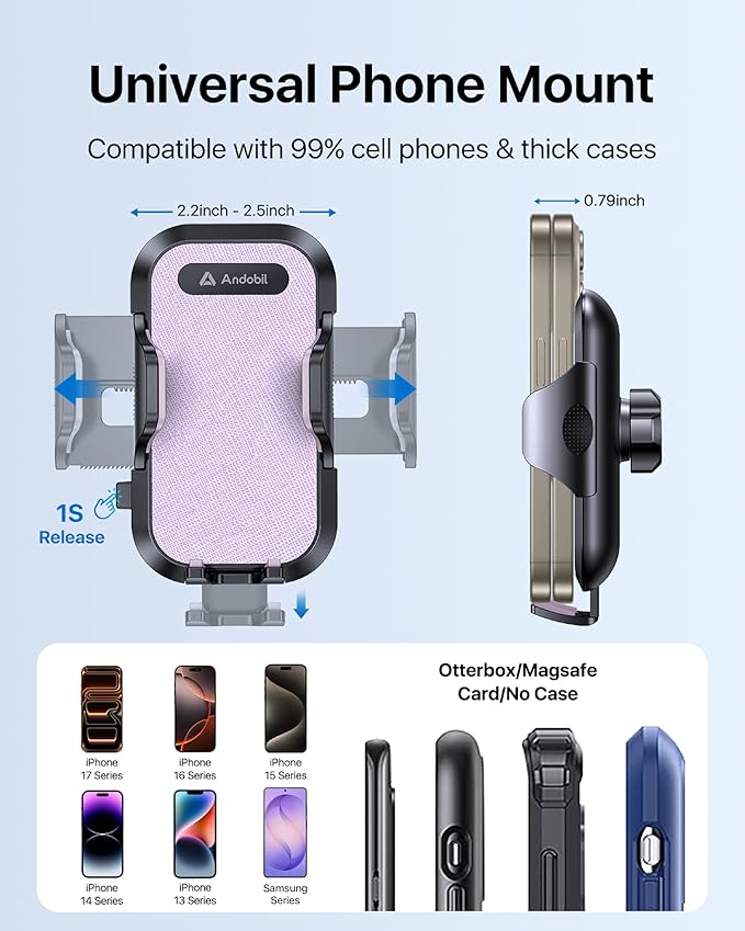 andobil Car Phone Holder, 2026 Military-Grade 89bs Strongest Suction Phone Holders for Your Car Dashboard/Windshield/Vent Easy Clamp Cellphone Holder Truck Stand for iPhone 17 16 15 Pro Max, Purple