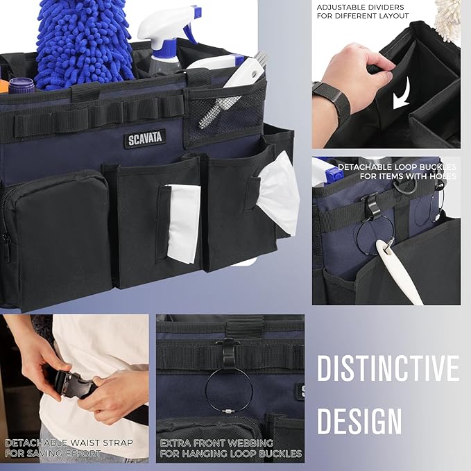 Wearable Cleaning Caddy Bag, Cleaning Caddy Supplies Organizer with Handle & Shoulder Straps for Housekeepers, Under Sink & Car Cleaning Tool Organizers with 4 Foldable Divider Navy (DarkBlue)