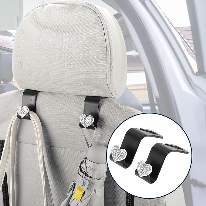 Car Seat Headrest Hook Interior Accessories for Most Car, SUV, Truck Car Seat Back Organizer Hooks Plastic Rhinestone Sturdy White 2.4"x1.26"