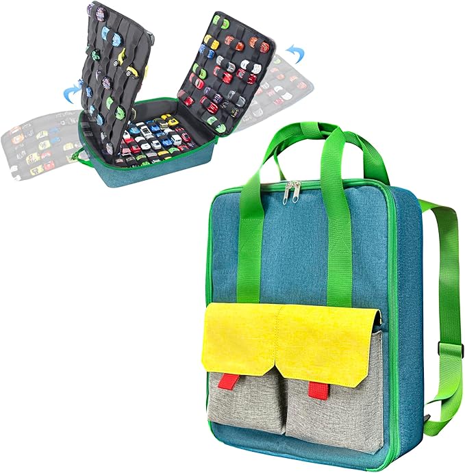 KISLANE Car Storage Backpack Organizer with Elastic Slots – Portable Backpack Carrying Case for 1:64 Scale Cars, Hands-Free Travel Storage Bag for Collection and Organization