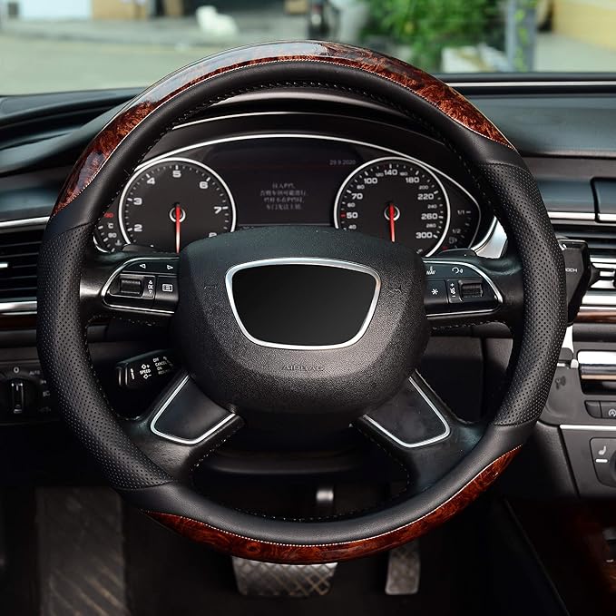KAFEEK 16 inch Wood Grain Steering Wheel Cover, Compatible for F150 F250 F350 Ram 4Runner Tacoma Tundra Range Rover