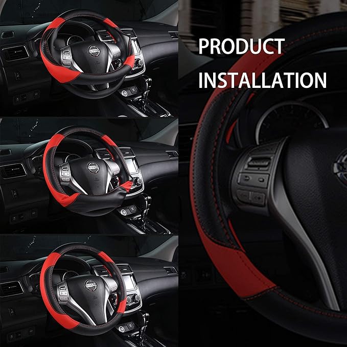 Leather Car Steering Wheel Cover, Non-Slip Car Wheel Cover Protector Breathable Microfiber Leather Universal Fit for Most Cars(Black)