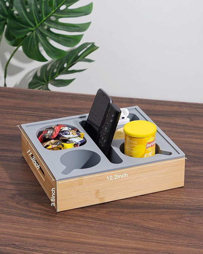 Couch Cup Holder with Lid, Silicone Bed Caddy with Cup Holder, Bed Organizer for Drinks, Snacks, Remotes, Bamboo Couch Caddy for Sofa, Bed and Car(Dark Grey)