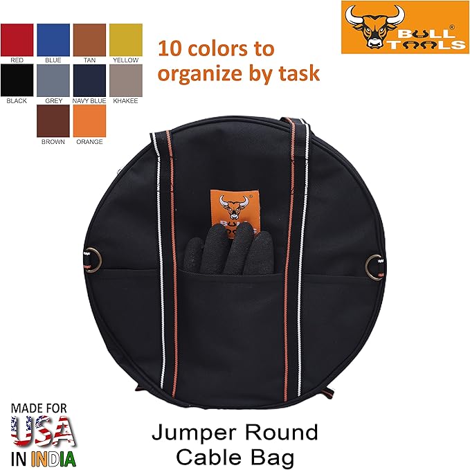 BULL TOOLS EV Charging & Jumper Cable Storage Bag, Organizer 6 Pocket Handmade Carry Bag - 15x15x4 Inch Waterproof Ballistic Polyester Round Bag, Cords, Small Tools, For Motor Vehicles - Black
