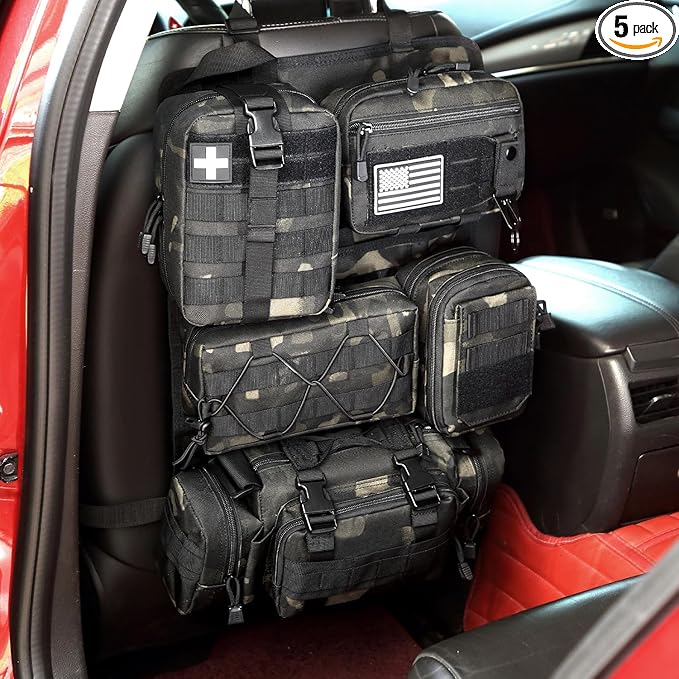 Tactical Car Seat Back Organizer, 2025 Upgrade Tactical Vehicle Panel Organizer with 5 Detachable Molle Pouch for Car Truck Ford Jeep Vehicle (Dark CM)