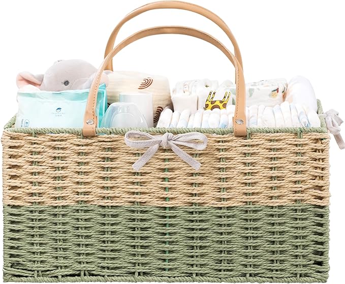 HBlife Large Baby Diaper Caddy Organizer, Paper Rope Storage Baskets Nursery Bin with Removable Divider, Portable Car Organizer for Diapers, Baby Shower Gifts, Newborn Essentials Must Haves