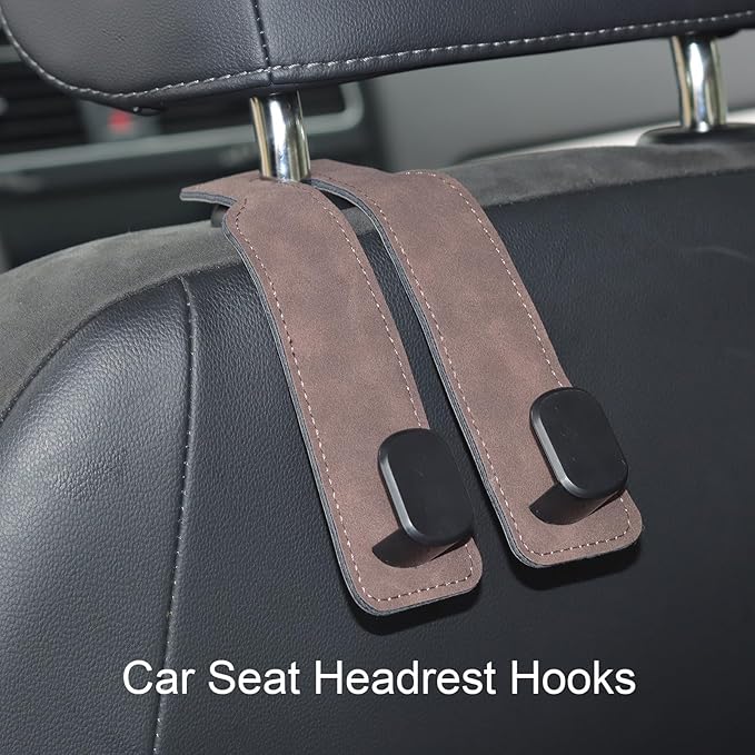 Purse and Bag Hook for Car, Zinc Alloy Seat Headrest Hooks, Upgraded Leather Car Seat Back Purses Hanger and Bags Holder (Brown, 2Pack)