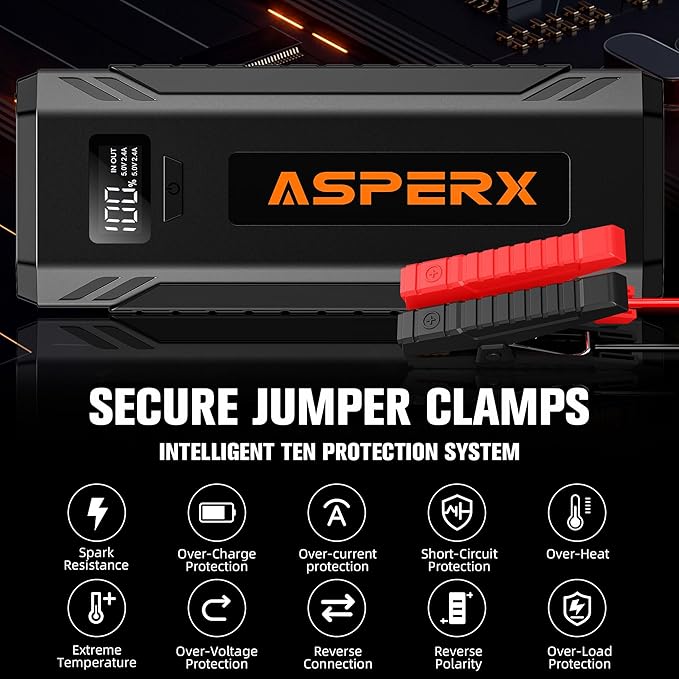 ASPERX Car Jump Starter, 4000A Peak Battery Starter for All Gas or 10.0L Diesel Engines, 12V Battery Starter, Jump Box with USBA, Lithium Battery Booster with Built-in LED Light