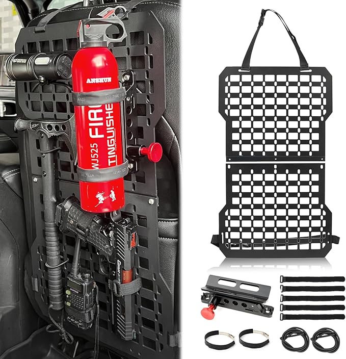 MAIKER Rigid Molle Panels For Vehicles Truck Mount Rack Tactical Seat Back Organizer with Fire Extinguisher Mout & Hook and Loop Fasteners & Elastic Rope for Storage Gears Accessories, Black