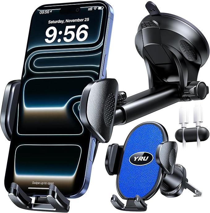 YRU Upgraded Universal Car Phone Holder Mount【360°Rotatable & Strong Suction】 Cell Phone Car Dashboard Windshield Phone Holder Dash Vent Stand for iPhone 17 16 Pro Max Samsung Truck, Star Blue