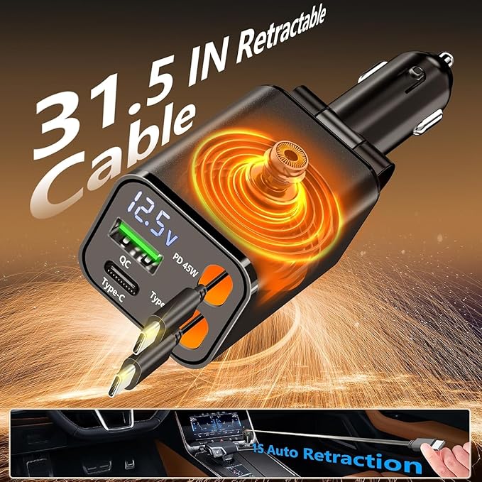 Retractable Car Charger, 120W USB-C Fast Charge Phone Charger for Car, 4-in-1 Dual Type-C Cables & USB-A QC Port, Car Charger for iPhone 17/16/15/14/13 Samsung Travel Essentials Gifts for Women & Men