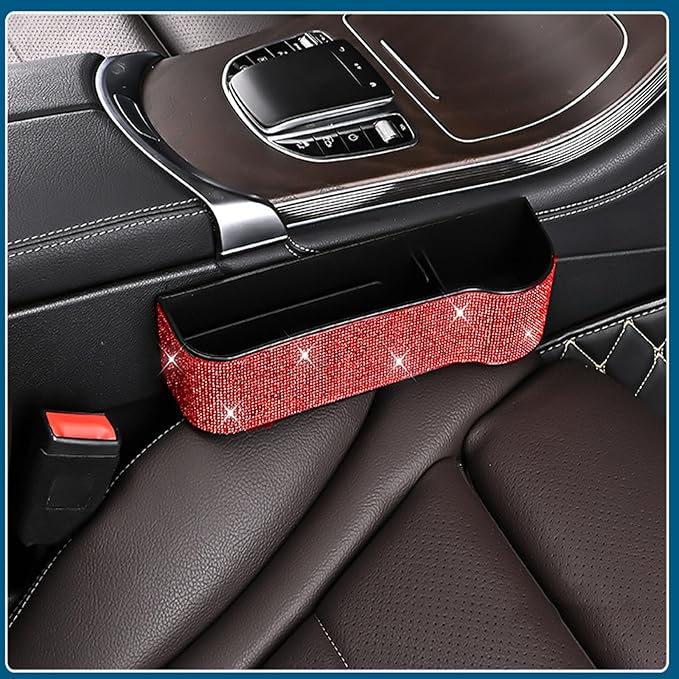 Bling Bling Car Seat Gap Filler, Car Seat Console Pockets Organizer Caddy Catcher, Crystal Auto Console Side Pouchs for Cellphone Wallet Coin Key Credit Card (Driver side & Passenger side-Red)