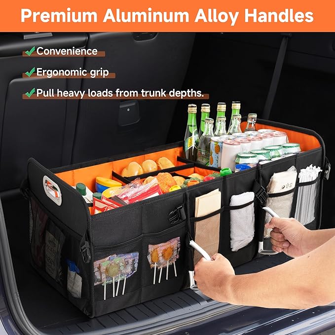 StorageWorks Trunk Organizer for SUV, Multi-Compartment Car Trunk Organizer, Car Organizer and storage with Aluminum Alloy Handle, Large, Black and Orange, 1-Pack