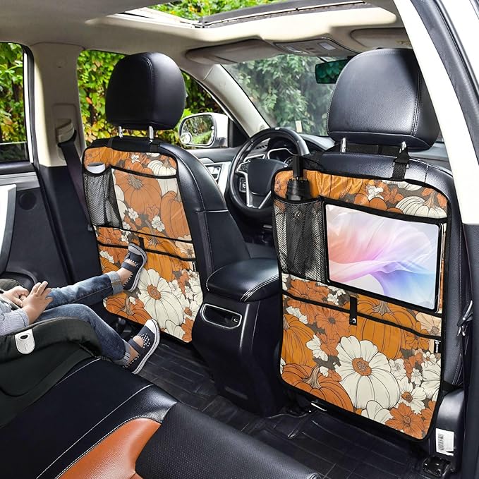Thanksgiving Pumpkins Flowers Orange 1 Pack Backseat Car Organizer with Storage Pockets Seat Back Organizers for Kids Kick Mats Backseat Protector Automotive