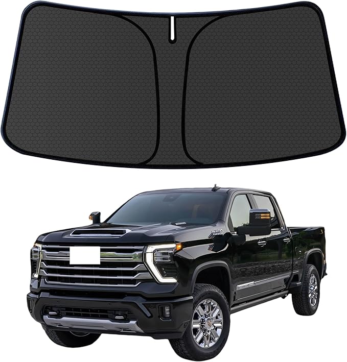 Silverado Customized Windshield Sun Shade for 2014-2018 Silverado (Regular Cab/Extended Cab/Crew Cab) Front Window Sunshade Visor Protector Foldable Blocks UV Rays Keep Car Cooler Accessories
