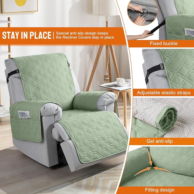 VANSOFY 100% Waterproof Recliner Chair Covers, Recliner Cover Non-Slip Dog Chair Cover Furniture Protector Washable Slipcover with Pocket, Elastic Straps for Pets, Dogs(Light Green, 23.6")