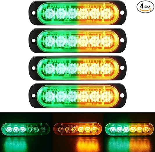 SEISSO 4-Pack 6 LED Sync Feature Amber Strobe Lights Vehicles Trucks Emergency Lights Kit 12V -24V Warning Hazard Flash Lights Bar Grill Grille Surface Mount Super Bright Waterproof, Amber/Green