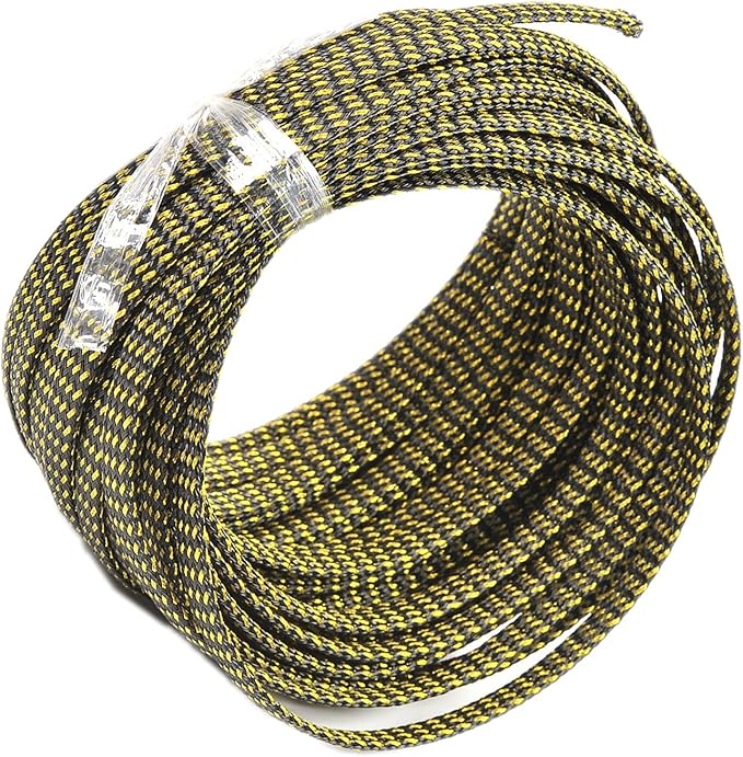 Aicosineg 32.81ft PET Flexible Braided Cable Sleeve 0.25inch Width Wire Loom Sleeving and Organizer Flexible Wire Mesh Sleeve Wrap Protector for TV Audio PC Cords from Pets Chewing Black and Gold