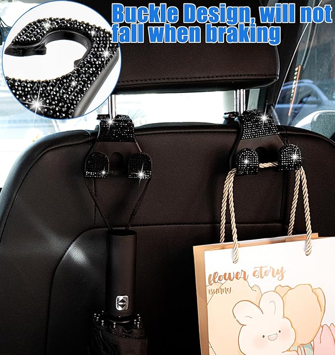 MTGOCHA Bling Car Purse Hooks 2Pcs, Durable Car Headrest Hook, Holds 44Lbs, Double-Hooks, Wide-Opening, Rhinestone Automobile Purse Hangers Holder, Bling Car Accessories for Women, Black