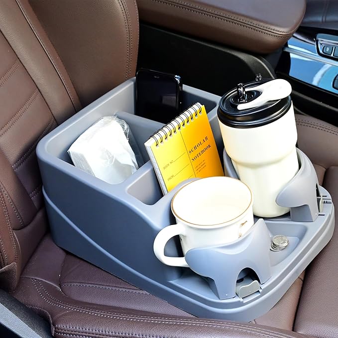 Universal Center Console Organizer for Truck Bench Seat & SUV, Truck Floor Console with Expandable Cup Holders, Fits Silverado Minivan, Stable Transmission Hump Storage Box for Car Backseat (Grey)