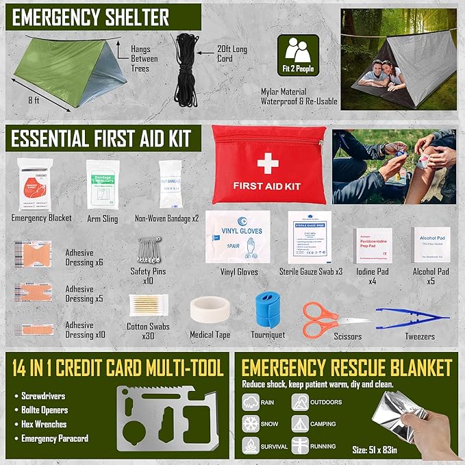 Survival Kit, 268 Pcs Emergency Survival Gear and Equipment Supplies with First Aid Kit, Camping Axe, Headlamp, Crossbody Bag for Camping Hiking, Hunting, Gift for Christmas Men, Dads, Black Como