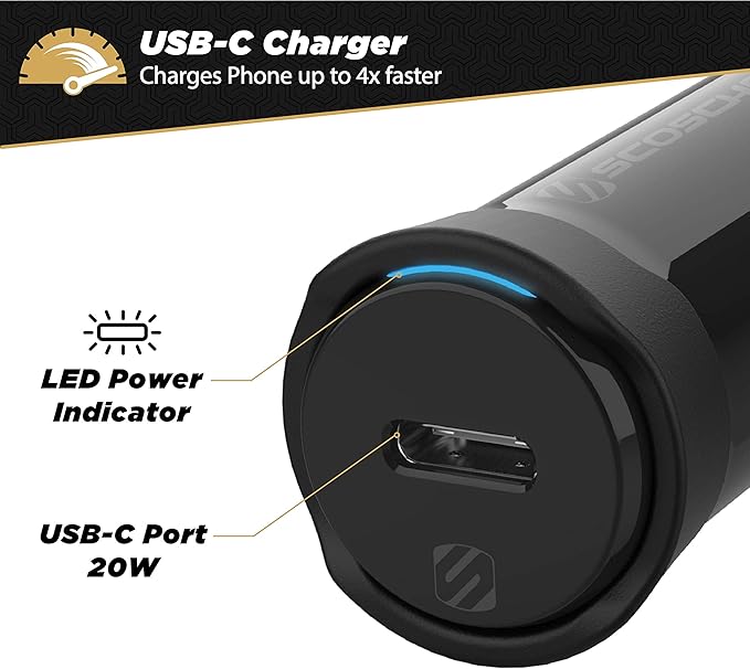 Scosche CPD20Ci4B4 Powervolt 20W USB Type-C PD 3.0 Black Fast Car Charger with MFi Certified USB-C to Lightning Charge & Sync Braided Space Gray 4-ft. Cable