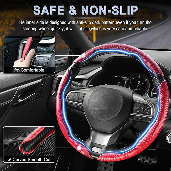 Amiss 3pcs Carbon Fiber Anti-Skid Steering Wheel Cover, Waterproof & Segmented Butterfly Design, Universal 99% Vehicle Wheel Cover Protector, Car Interior Accessories, Red