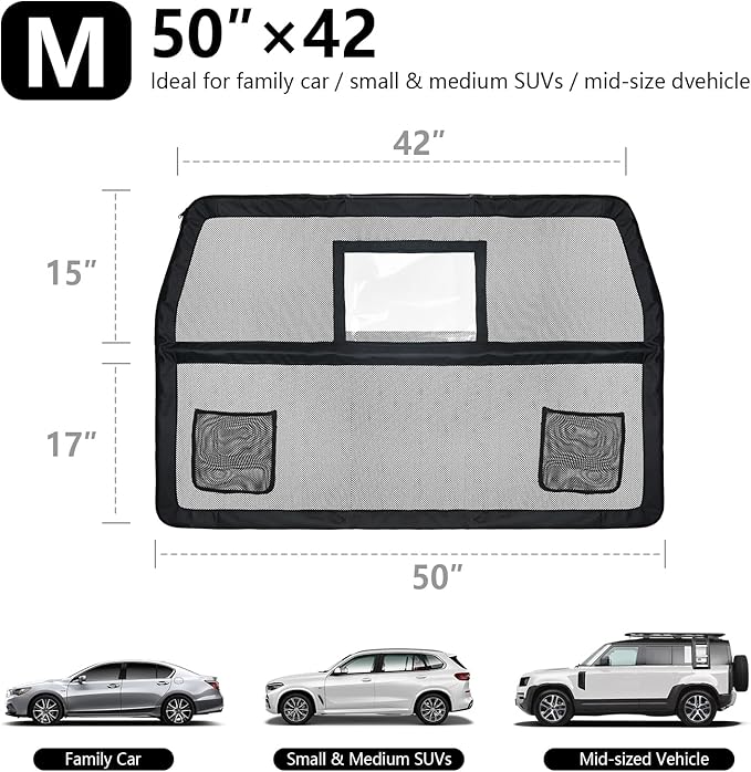 50" Pet Dog Car Barrier with Removable Visual Window, Pet Barrier for Car Escape-Proof, Back Seat Divider & Cargo Area Gate, Durable Dog Net for Car, Ideal for Trucks, SUV & Mid-Sized Vehicle