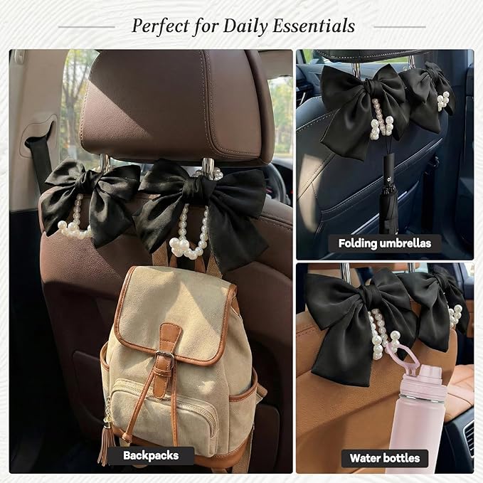 2PCS Satin Bow Pearl Car Seat Headrest Hooks – Car Bag Holder & Vehicle Hanger for Purses – Cute Coquette Aesthetic Interior Decoration – Cute Auto Organizer Accessories Universal (Black)