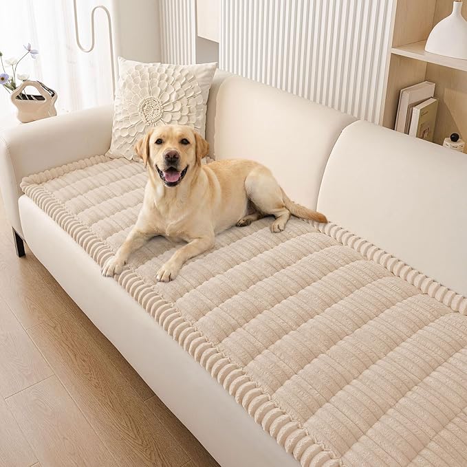 Smiry Couch Cover for Dogs Washable, Non Slip Fuzzy Pet Couch Covers for 3 Cushion Sofa Pet Friendly, Thick Soft Sofa Slipcovers Cushion Protector (Apricot, 27.6" x 27.6")