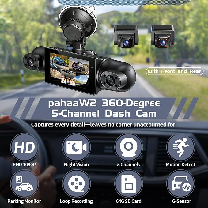 5 Channel 360° Dash Cam for Cars, 2160P/1080P UHD, Super Night Vision with IR LEDs, Built-in 5G WiFi, G-Sensor, 24H Parking Monitoring, 64GB TF Card Included, 3" Screen