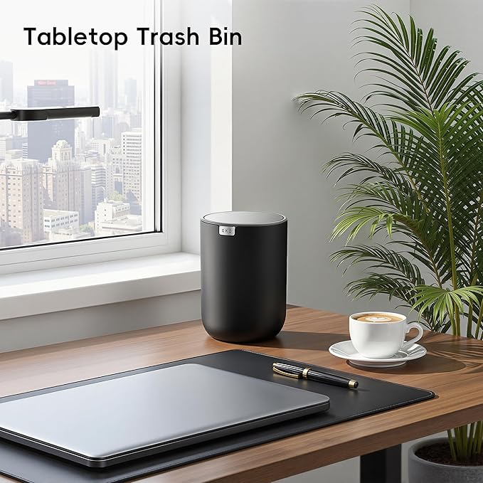 EKO Fandy 0.58 Gal/2.2L Mini Trash Can with Lid, Swing-Top Desktop Trash Can for Bathroom, Countertop, Vanity, Desk or Office, Small Garbage Bin (Black)